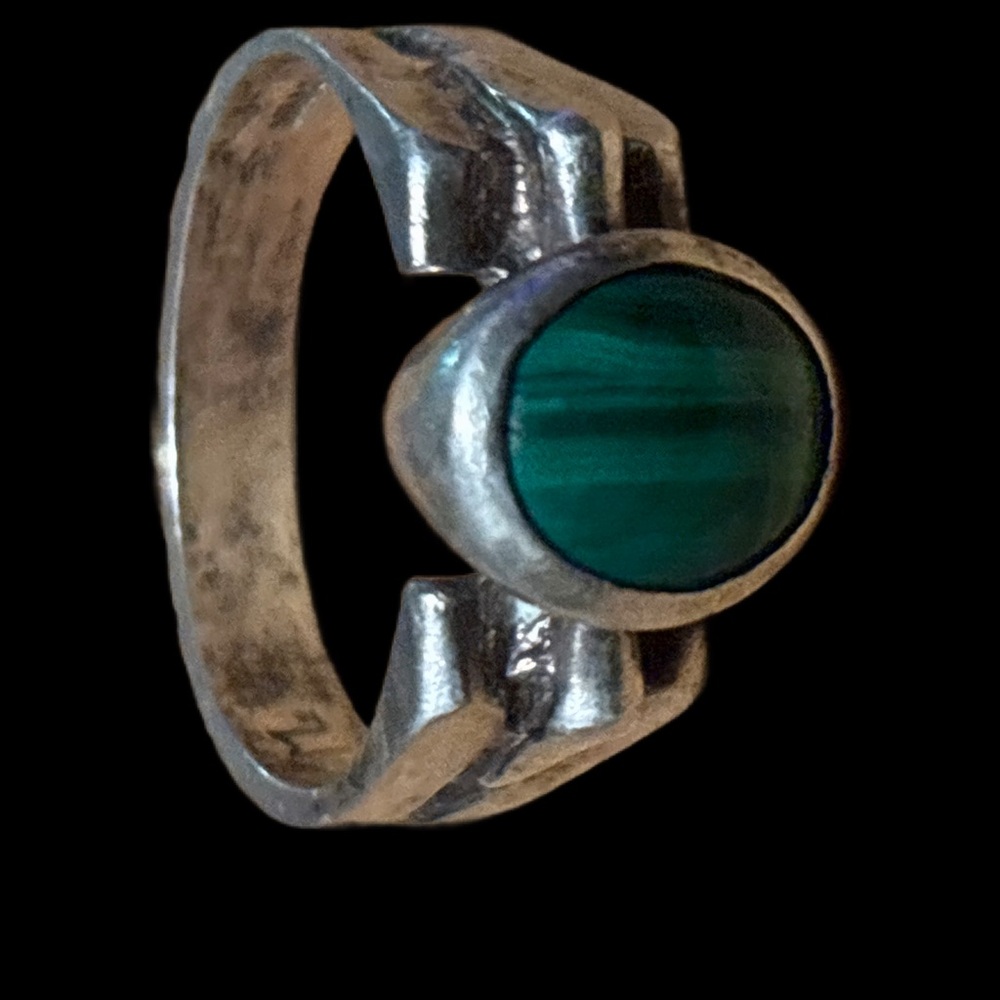 Mid Century Modern Stamped Silver Malachite Ring Size 6 - Picture 5 of 12